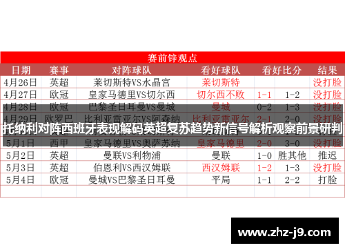 托纳利对阵西班牙表现解码英超复苏趋势新信号解析观察前景研判