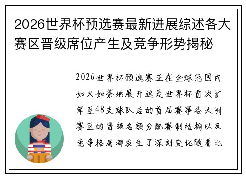 2026世界杯预选赛最新进展综述各大赛区晋级席位产生及竞争形势揭秘 2026世界杯预选赛最新进展综述各大赛区晋级席位产生及竞争形势揭秘